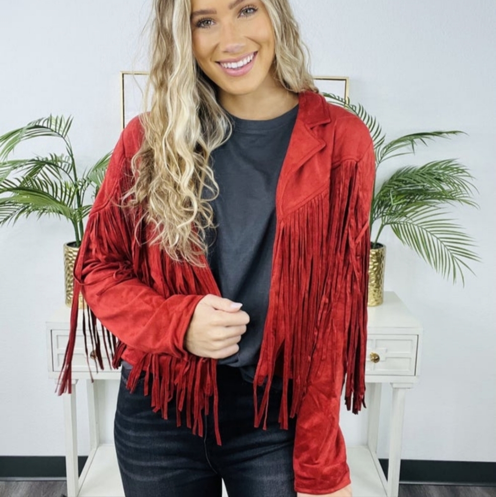Faux Suede Marsala Fringe Jacket